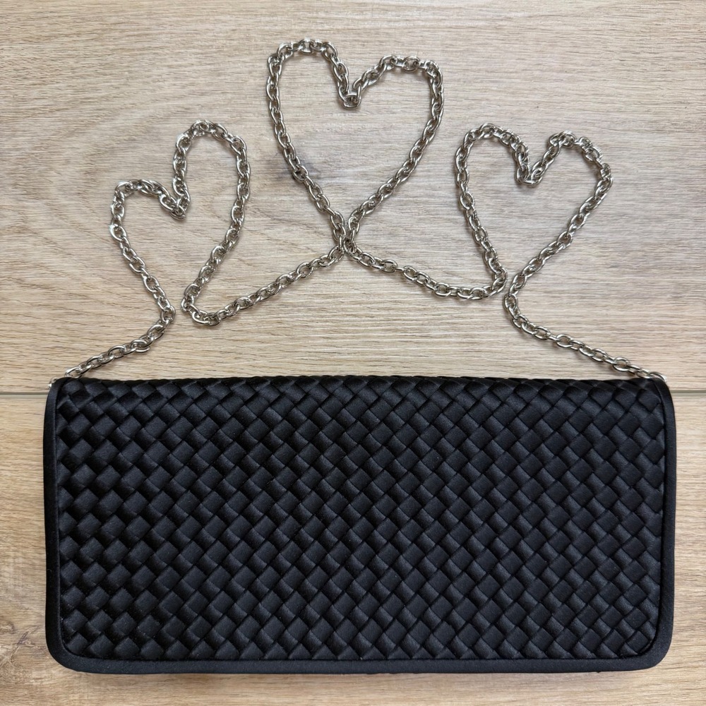 Sondra Roberts Black Woven Satin‎ Evening Clutch Bag Silver Chain Strap Formal